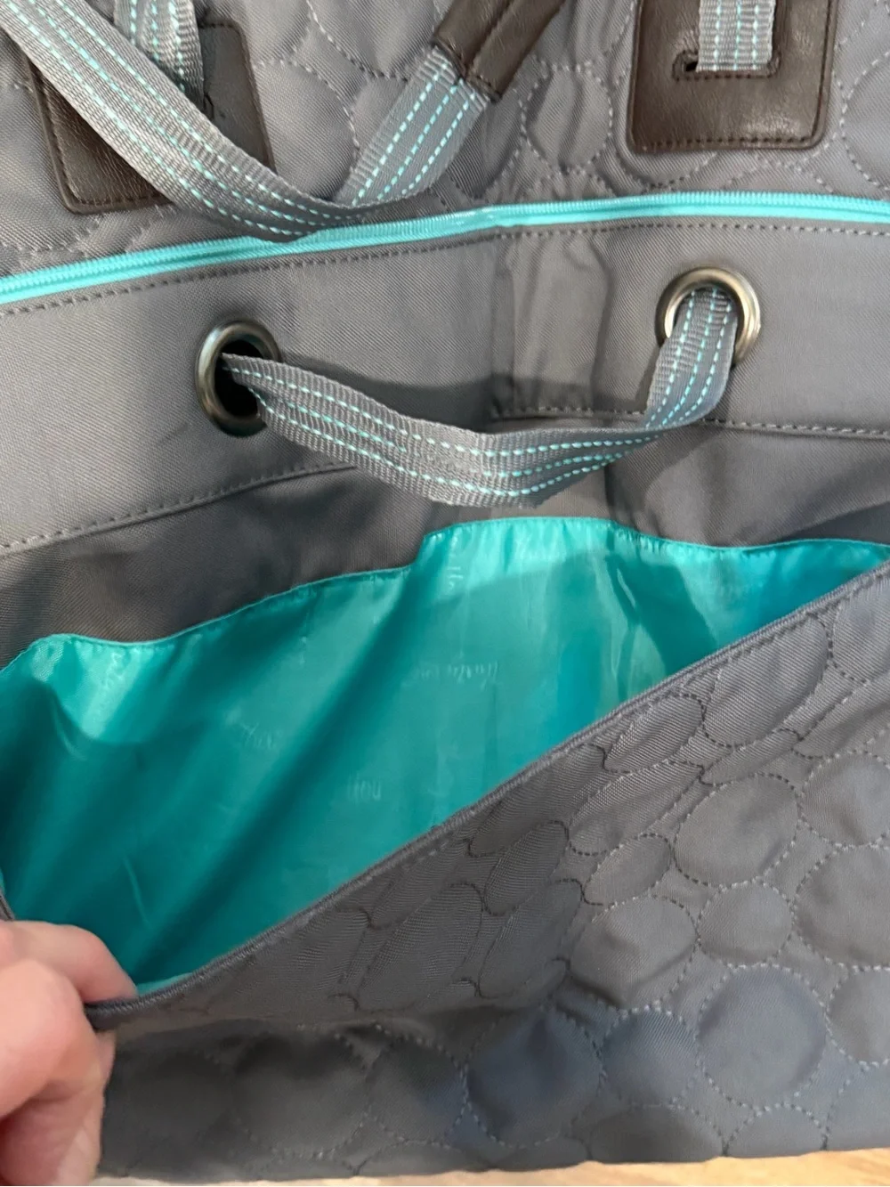 thirty-one Gray Quilted Tote with Teal Trim